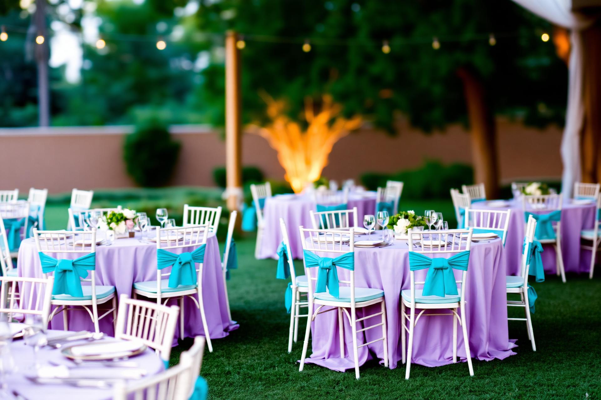 Elegant outdoor event setup with lavender tablecloths and aqua chair sashes
